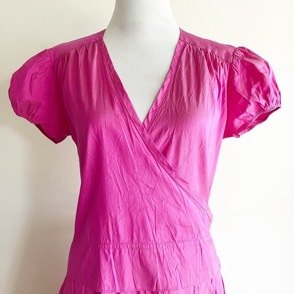 VTG Calypso Christiane Celle XS Silk Wrap Dress Puff Sleeves Pink St Barth - Picture 5 of 8